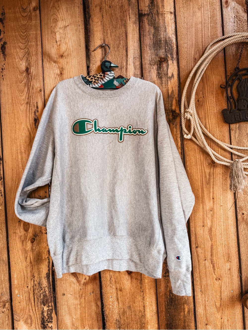 Champion Light Gray Crewneck Sweatshirt with Green Logo